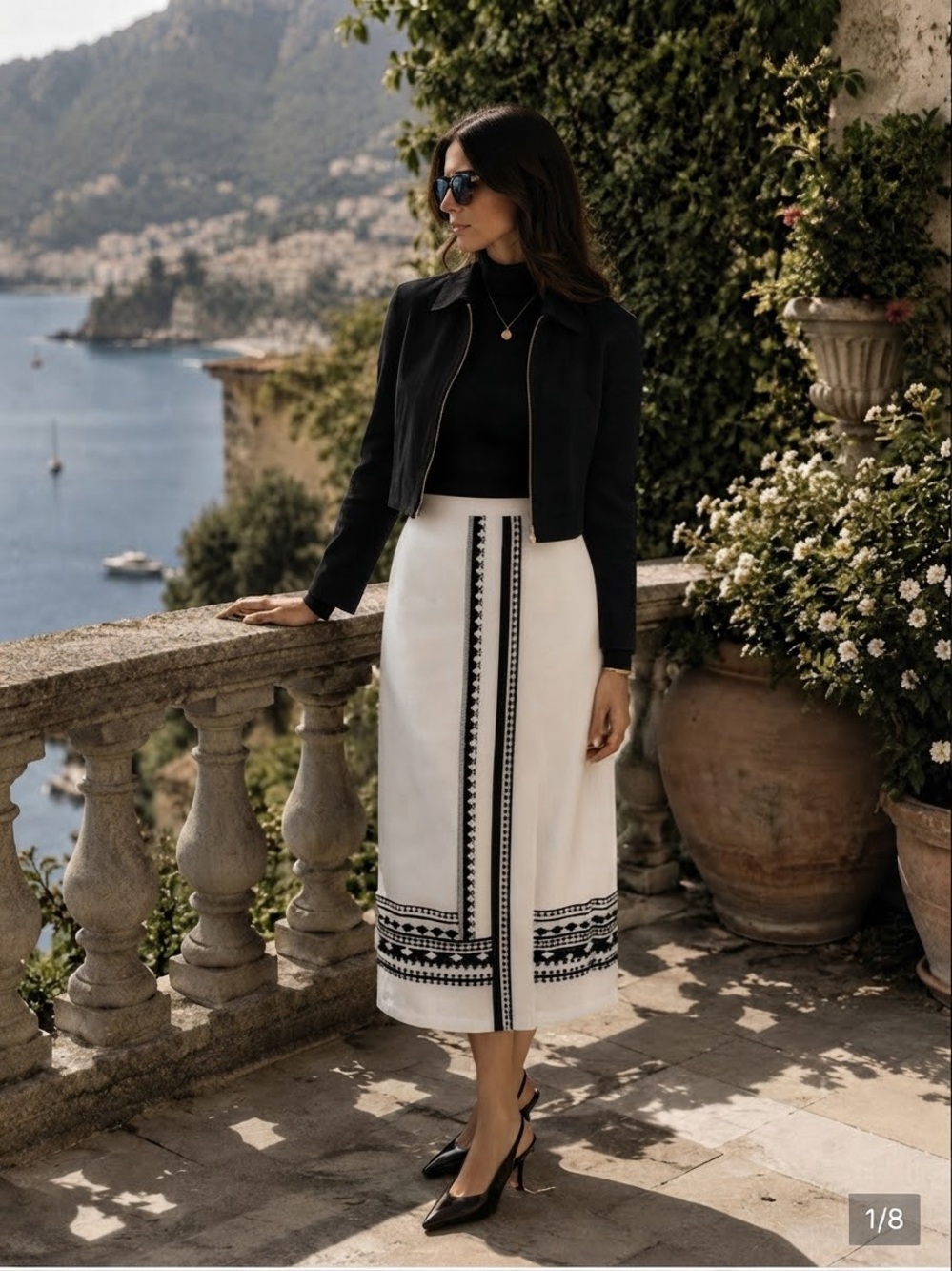 Ann Taylor Cream Midi Skirt with Black Geometric Trim